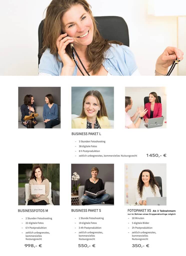 Übersicht der Preise und Fotopakete für Businessfotografie in Wuppertal von Josephine Scharrer. Enthalten sind die Pakete XS, S, M und L vor Ort im Unternehmen inklusive kommerzieller Nutzungsrechte.